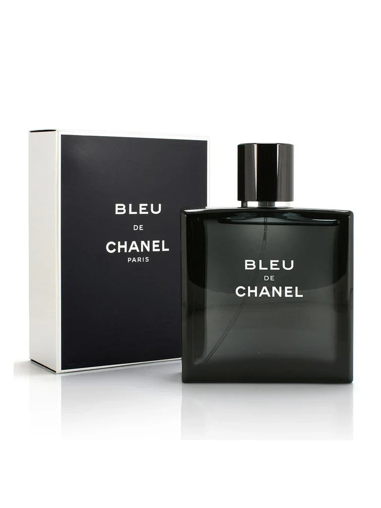 Bleu de Chanel perfume bottle and packaging on a white background