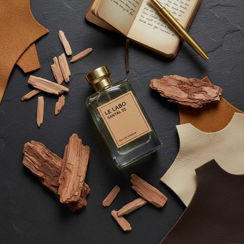 Le Labo Santal 33 perfume bottle with sandalwood cedar and leather on dark slate