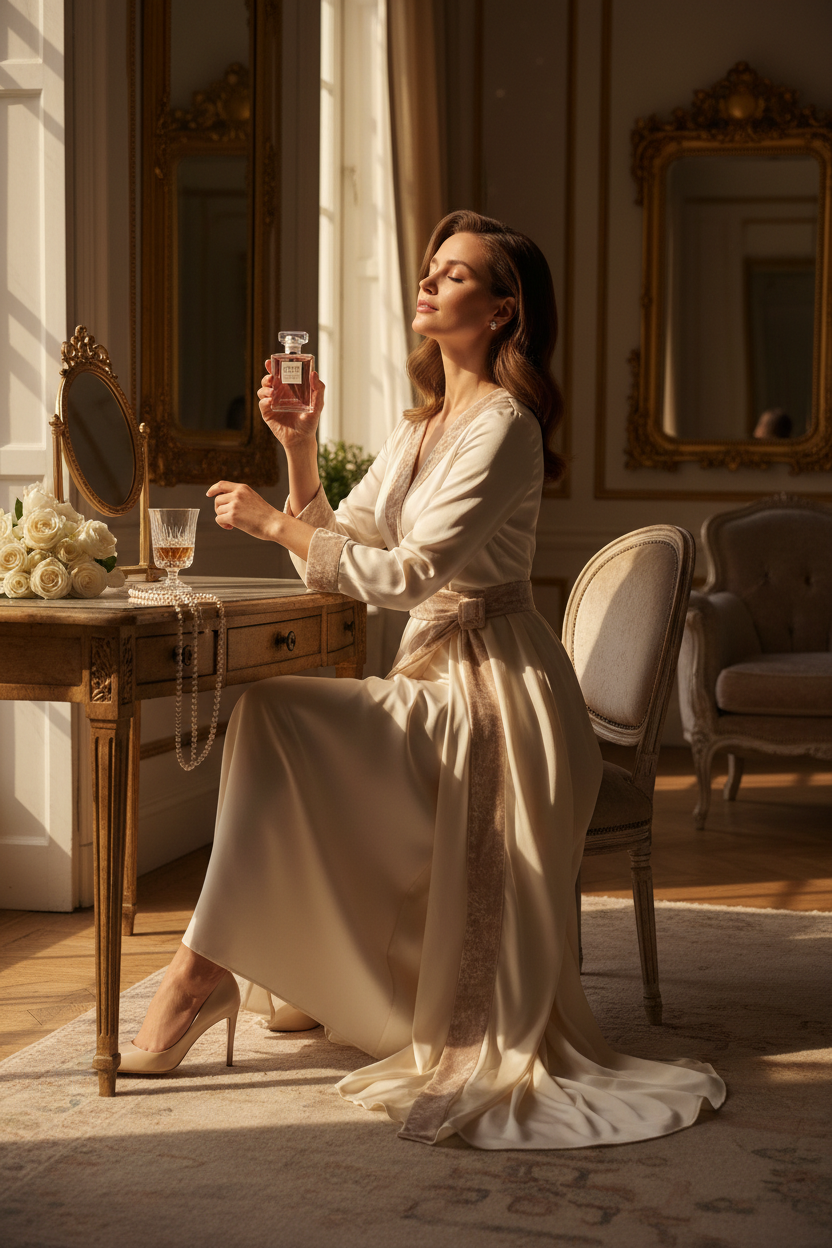 Confident woman applying CHANEL Coco Mademoiselle Intense in elegant lifestyle setting