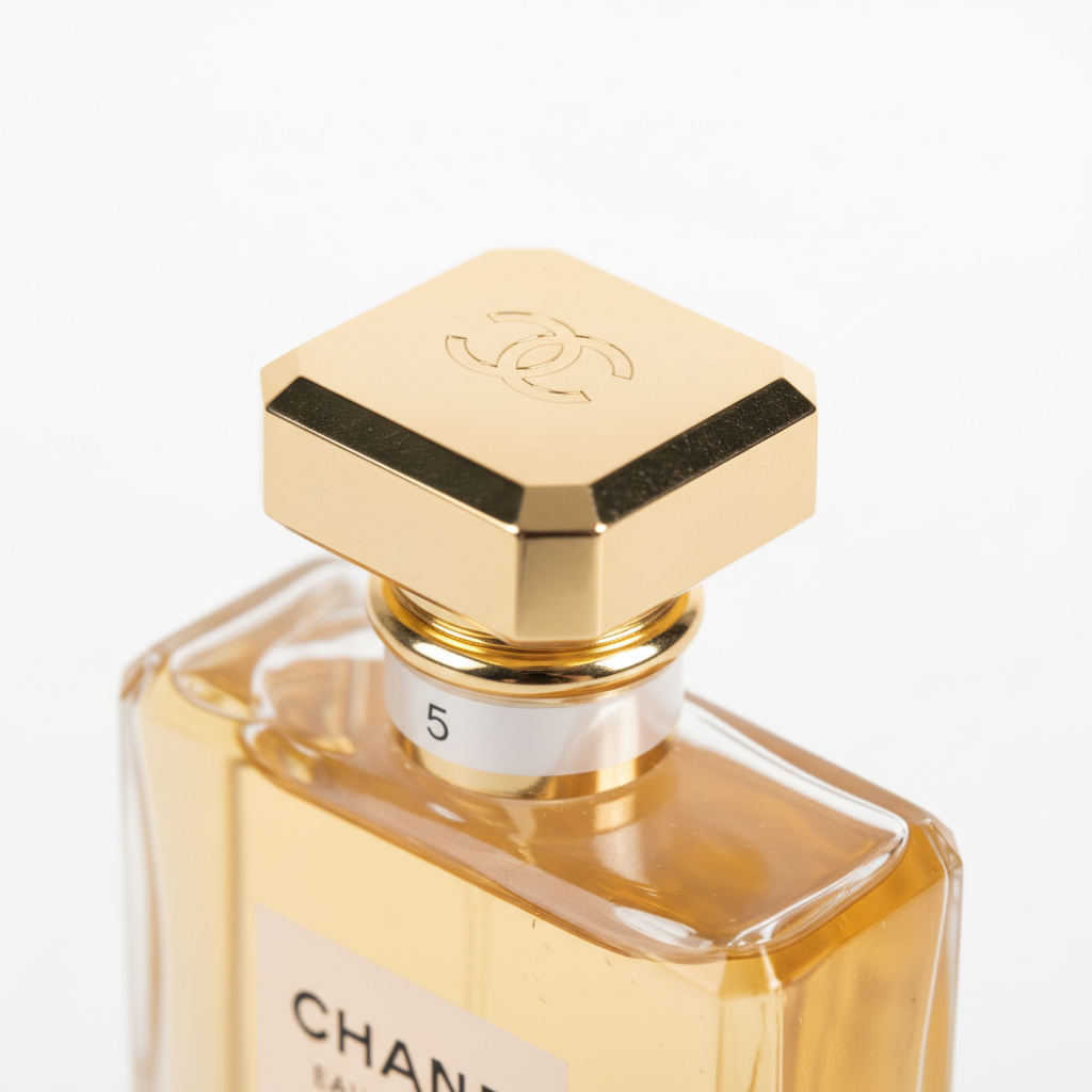 CHANEL No. 5 Eau de Parfum close-up of gold cap and engraved logo detail