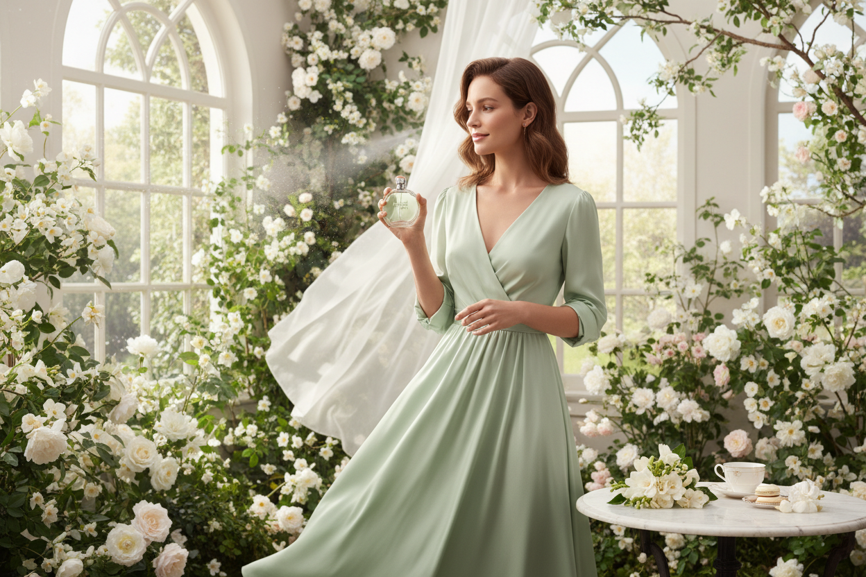 Chanel Chance Eau Fraiche lifestyle shot elegant woman fresh spring setting