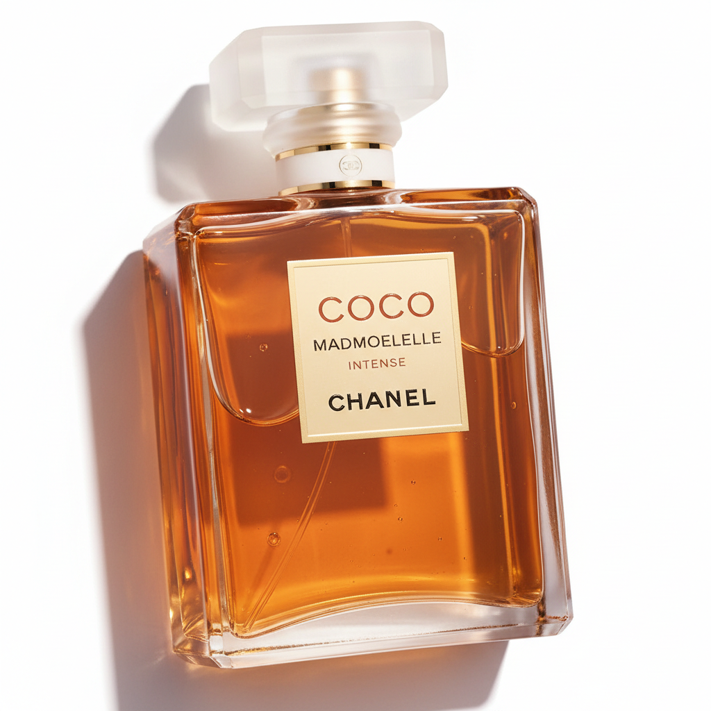 CHANEL Coco Mademoiselle Intense close-up gold logo and amber glass bottle detail